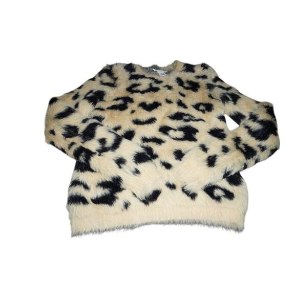 For The Republic Leopard Faux Fur Sweater Size M | Beige Black Animal Print Pull - Picture 7 of 8